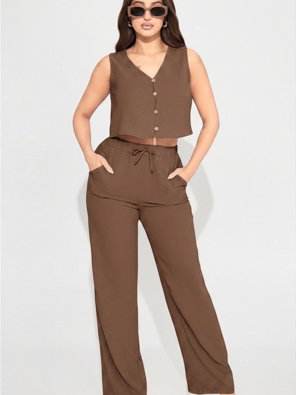 2 Piece Set Relaxed Wide-Leg Drawstring Pants with Matching Top